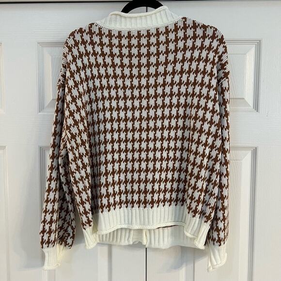 SHEIN Women’s Houndstooth V-Neck Button Down Cardigan Sweater Brown/Cream Size L - Picture 2 of 8